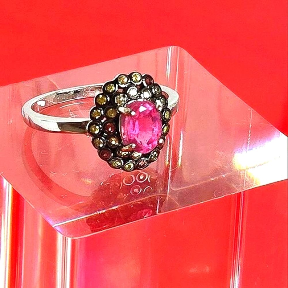 925 Sterling Silver with Natural Ruby 7x5mm & Sapphire Ring Sz 8.25